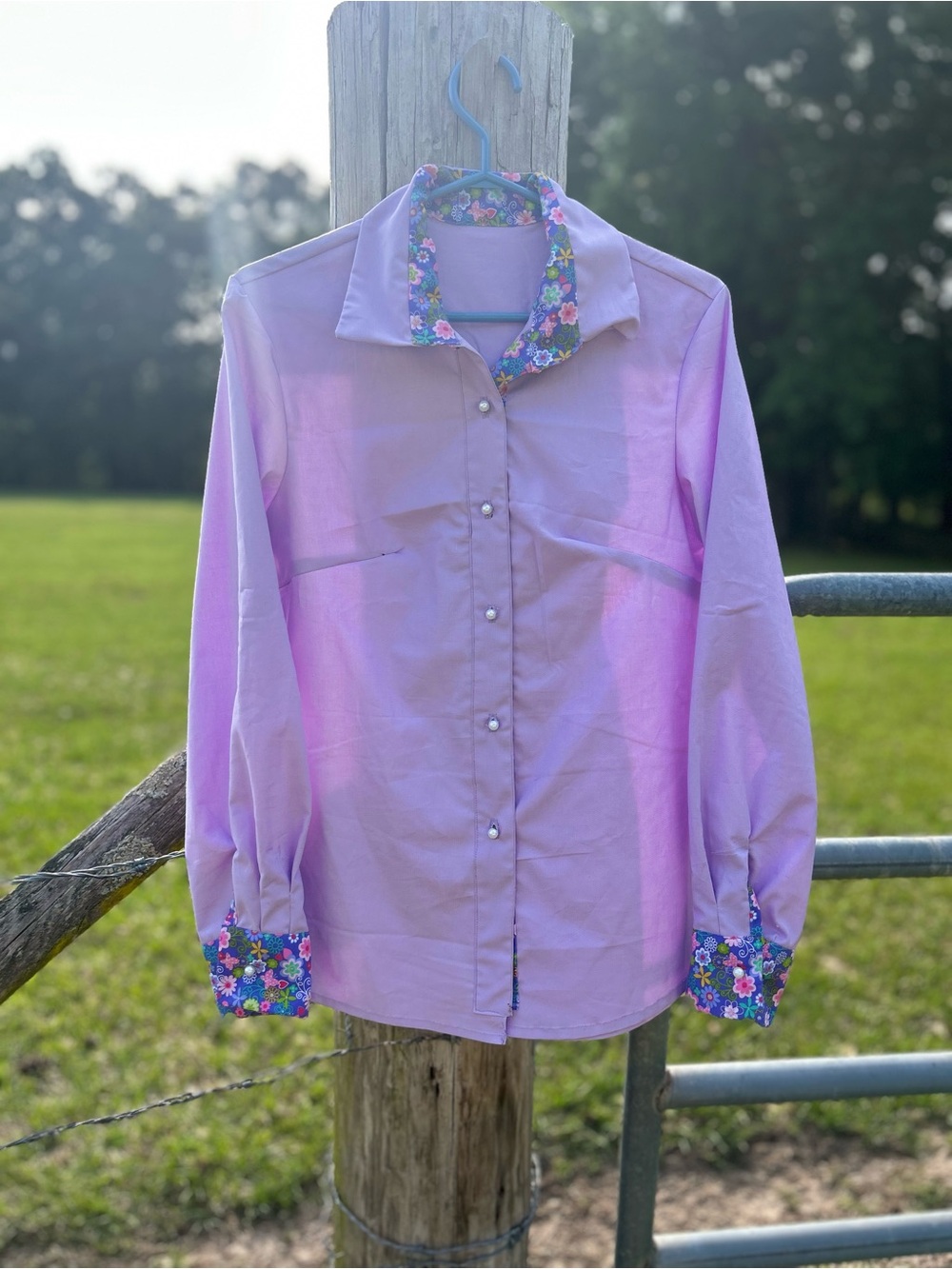 Lilac Button-Up Shirt with Floral Trim
